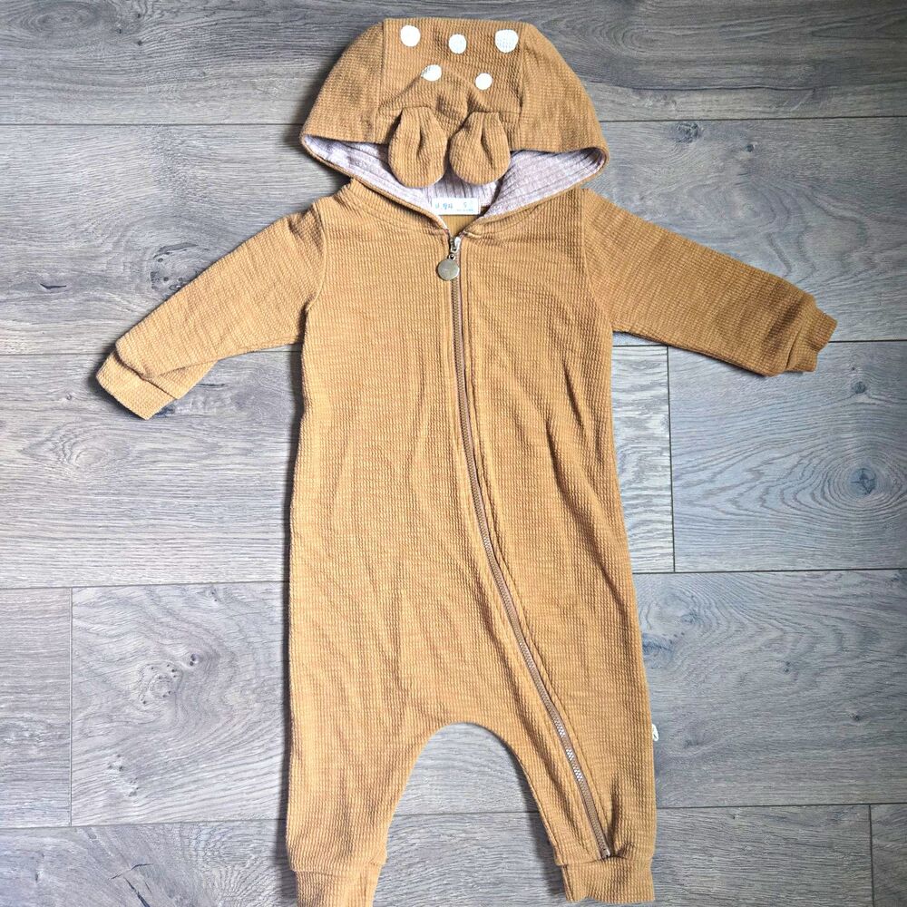 The Lala Korean Baby Fawn Deer Hooded Romper Jumpsuit Tan Waffle Knit Ears S